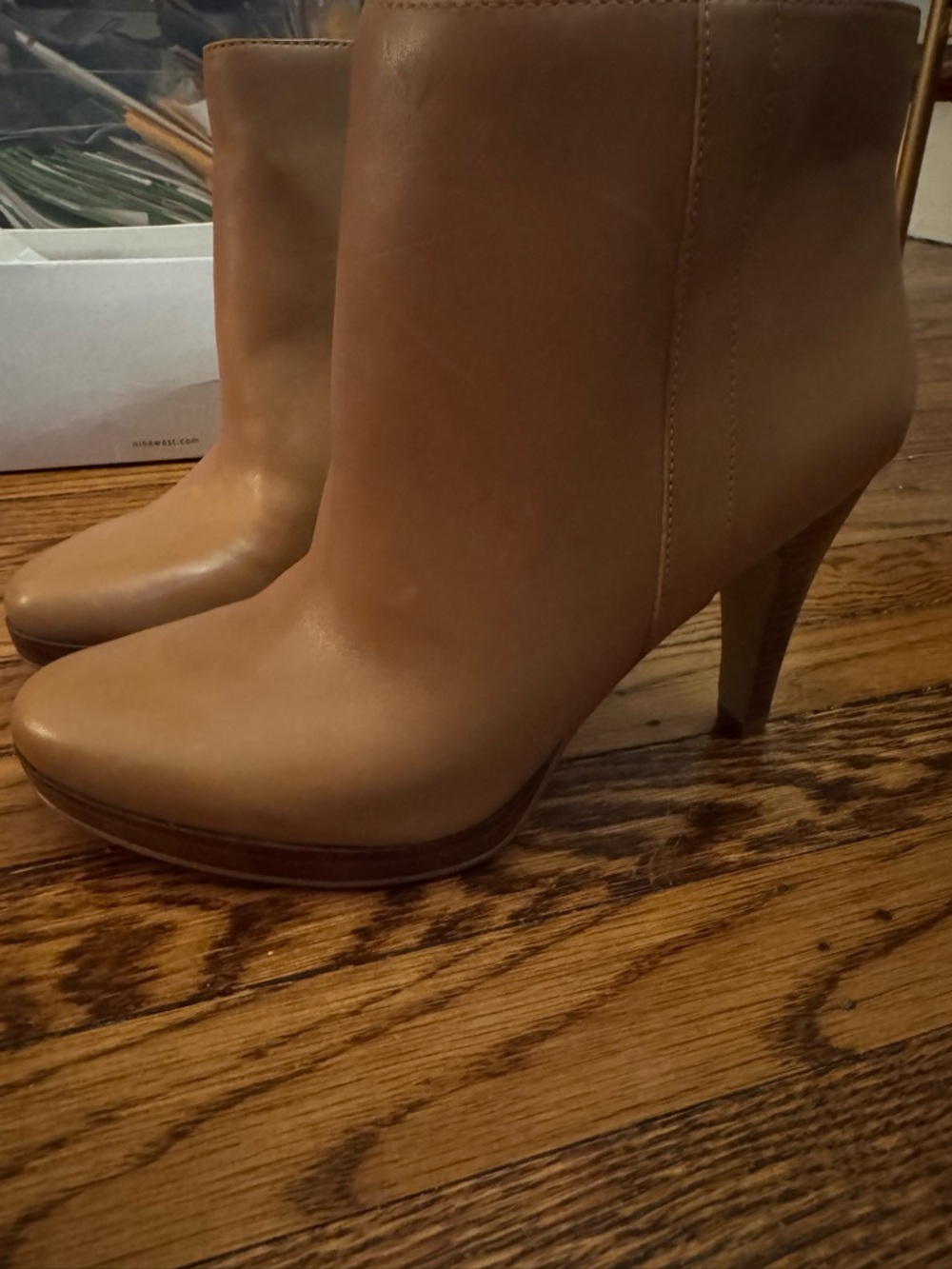 Nine West Tan Leather Pointed-Toe High-Heel Ankle Booties
